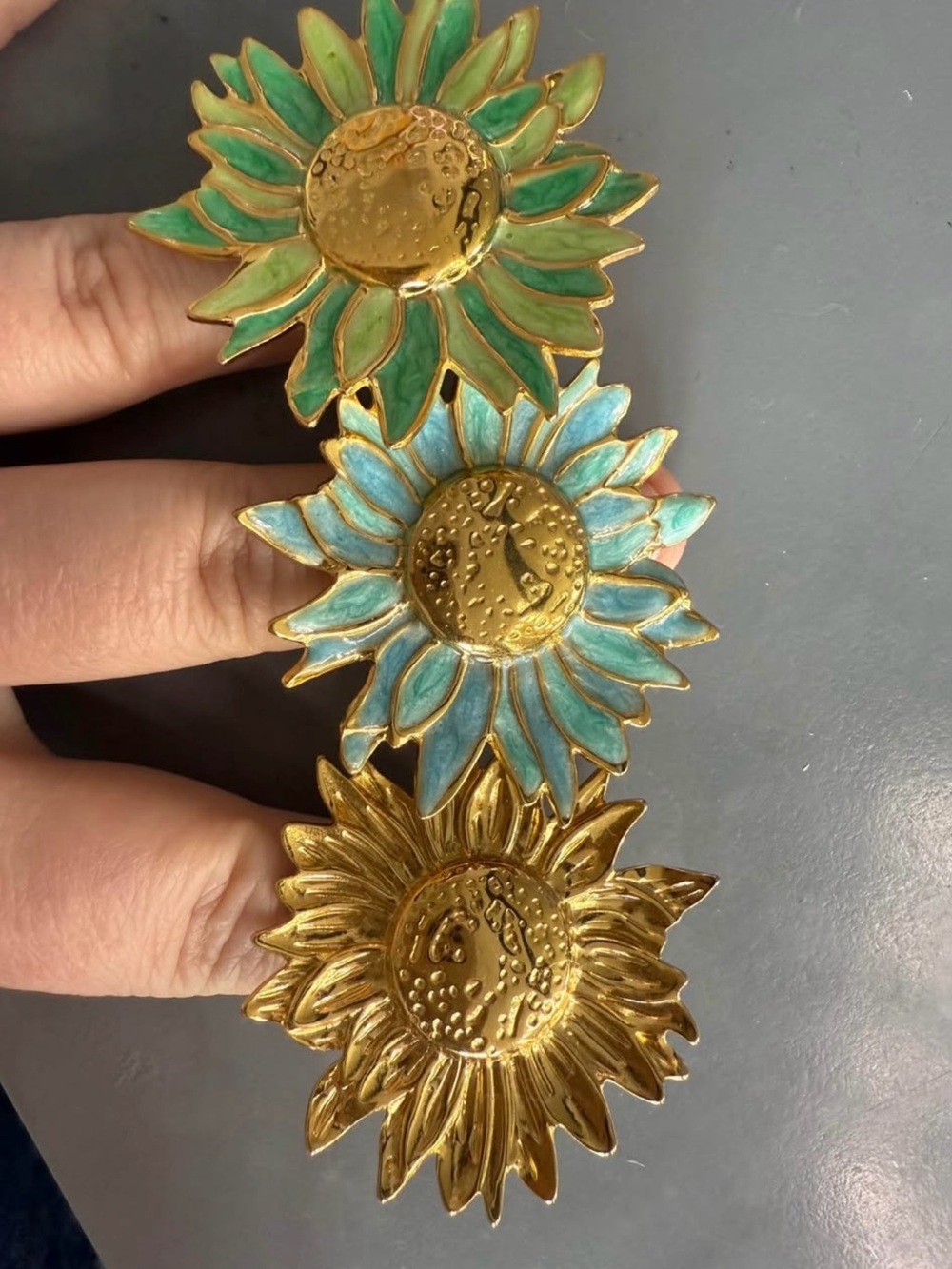 Sunflower Floral Statement Rings Trio - Green, Turquoise & Gold